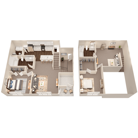 A top down view of a two bedroom apartment.